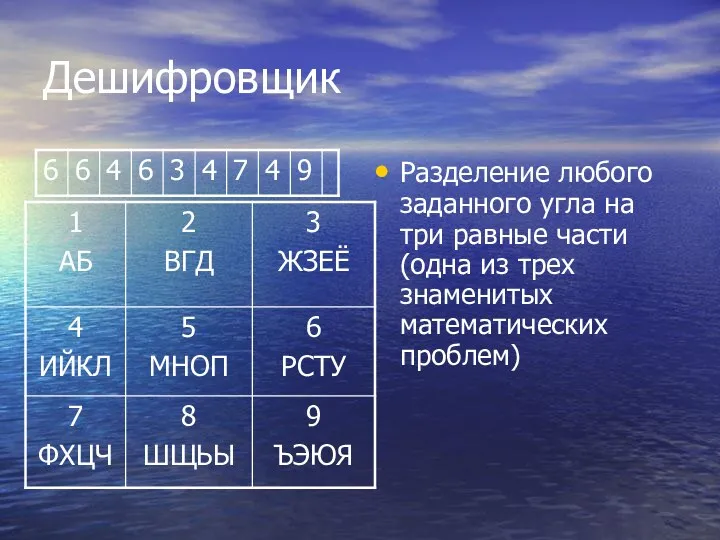 Дешифровщик Разделение любого заданного угла на три равные части (одна из трех знаменитых математических проблем)