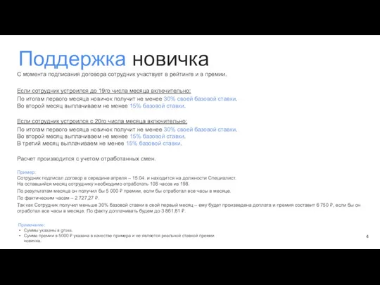 Поддержка новичка С момента подписания договора сотрудник участвует в рейтинге