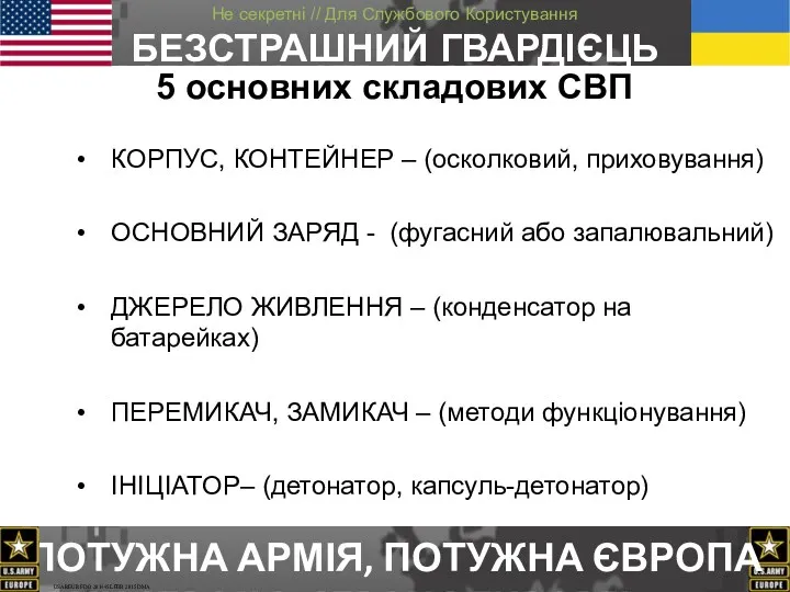 5 основних складових СВП КОРПУС, КОНТЕЙНЕР – (осколковий, приховування) ОСНОВНИЙ