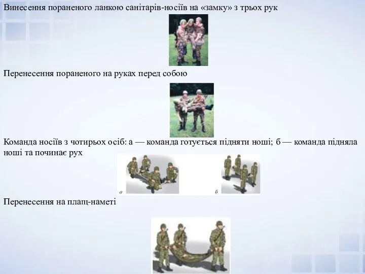 Винесення пораненого ланкою санітарів-носіїв на «замку» з трьох рук Перенесення