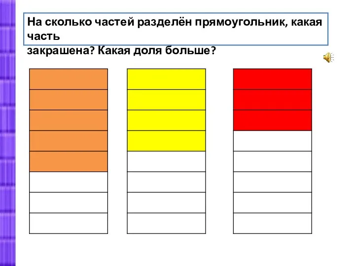 На сколько частей разделён прямоугольник, какая часть закрашена? Какая доля больше?