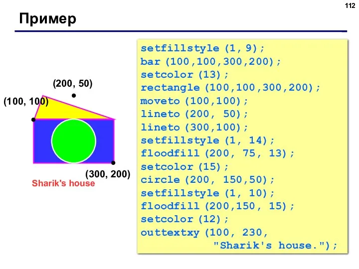 Пример (200, 50) (100, 100) (300, 200) setfillstyle (1, 9);