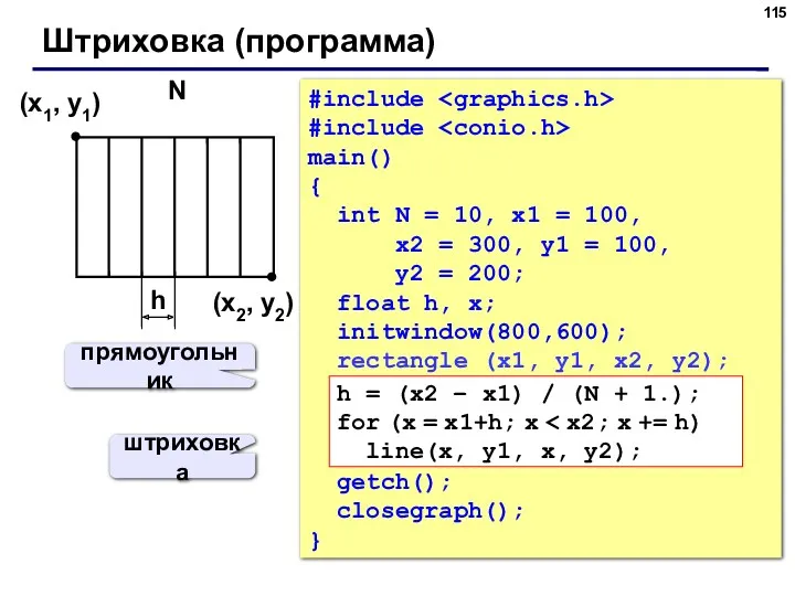 Штриховка (программа) (x1, y1) (x2, y2) h #include #include main()