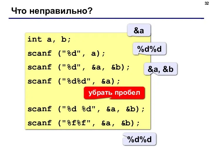 Что неправильно? int a, b; scanf ("%d", a); scanf ("%d",