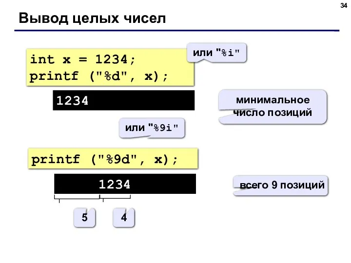 Вывод целых чисел int x = 1234; printf ("%d", x);