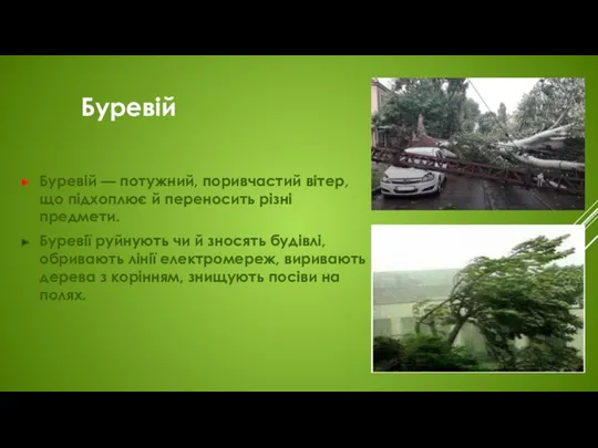 Буревій Буревій — потужний, поривчастий вітер, що підхоплює й переносить