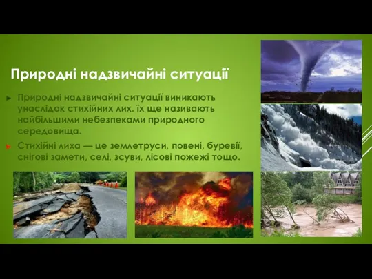 Природні надзвичайні ситуації Природні надзвичайні ситуації виникають унаслідок стихійних лих.