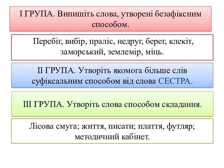 І ГРУПА. Випишіть слова, утворені безафіксним способом. Перебіг, вибір, праліс,