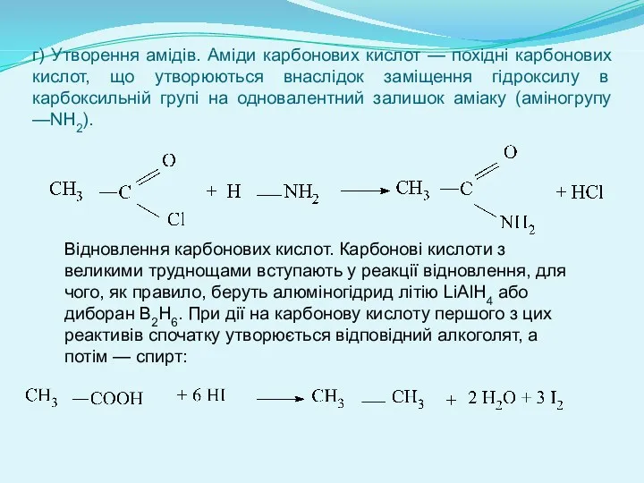 г) Утворення амідів. Аміди карбонових кислот — похідні карбонових кислот,