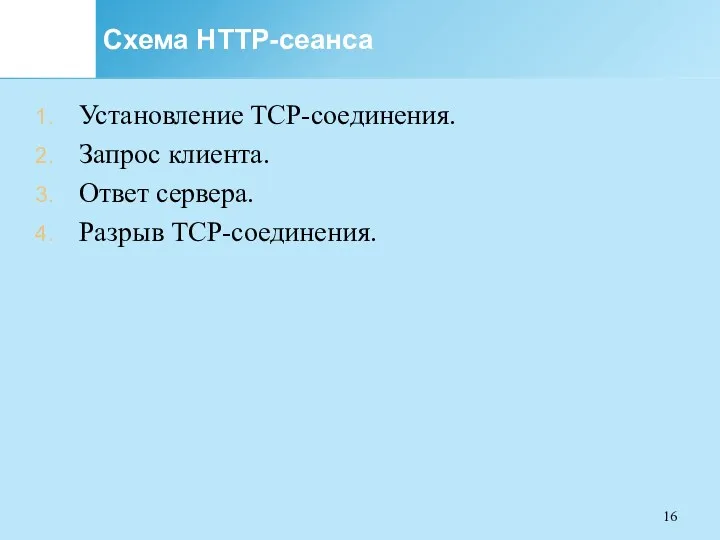 Схема HTTP-сеанса Установление TCP-соединения. Запрос клиента. Ответ сервера. Разрыв TCP-соединения.