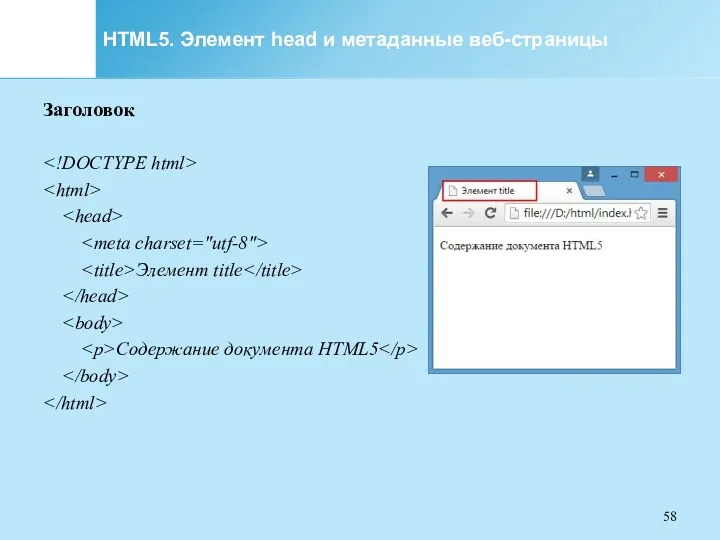 HTML5. Элемент head и метаданные веб-страницы Заголовок Элемент title Содержание документа HTML5
