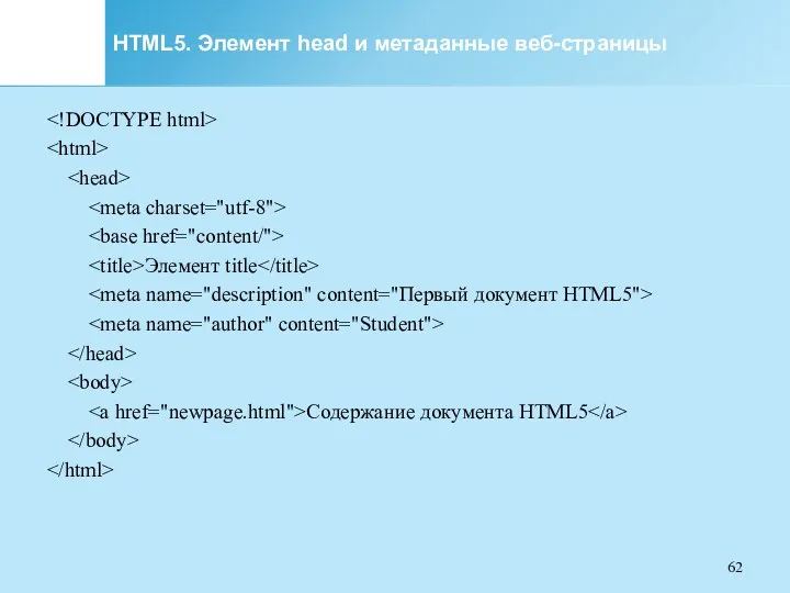 HTML5. Элемент head и метаданные веб-страницы Элемент title Содержание документа HTML5