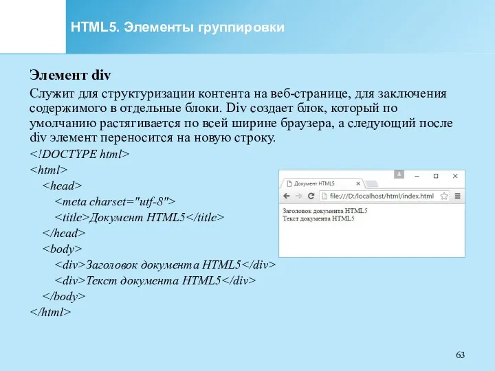 HTML5. Элементы группировки Элемент div Служит для структуризации контента на веб-странице, для заключения