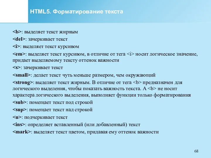 HTML5. Форматирование текста : выделяет текст жирным : зачеркивает текст : выделяет текст