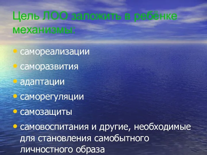 Цель ЛОО заложить в ребёнке механизмы: самореализации саморазвития адаптации саморегуляции