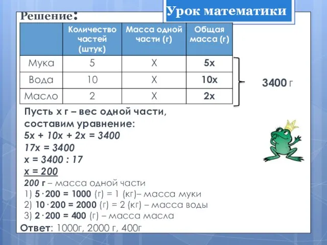 Решение: Пусть х г – вес одной части, составим уравнение: 5х + 10х