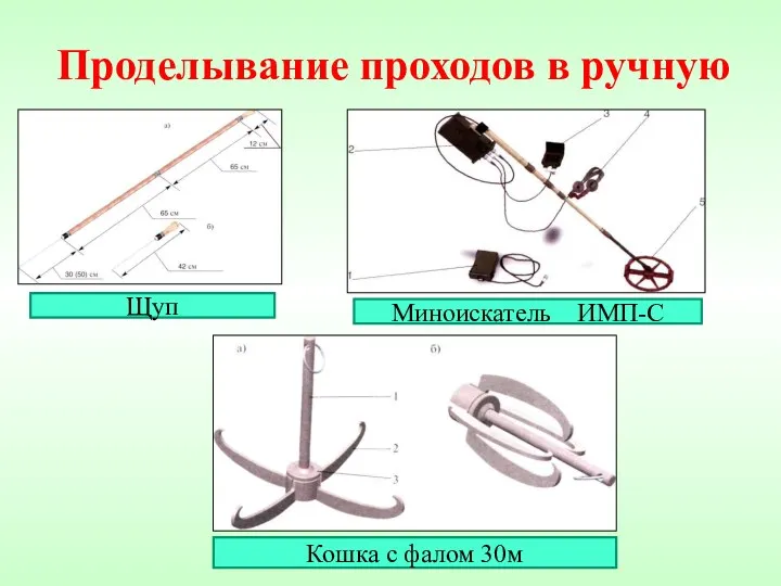 Проделывание проходов в ручную Щуп Миноискатель ИМП-С Кошка с фалом 30м