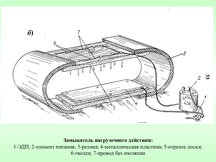 Замыкатель нагрузочного действия: 1-ЭДП; 2-элемент питания; 3-резина; 4-металлическая пластина; 5-отрезок доски; 6-гвозди; 7-провод без изоляции б)