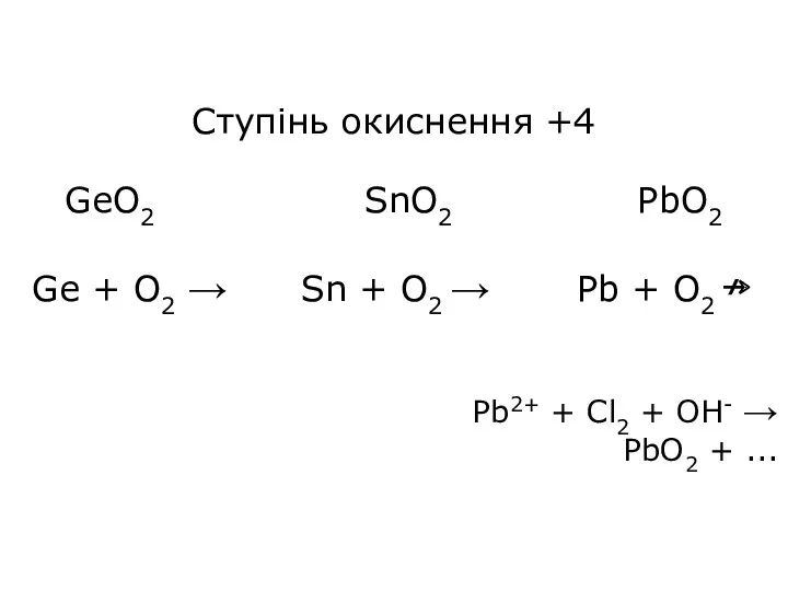 Ступінь окиснення +4 GeO2 SnO2 PbO2 Ge + O2 →