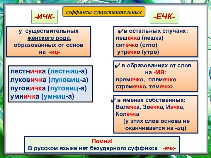 -ИЧК- -ЕЧК- у существительных женского рода, образованных от основ на