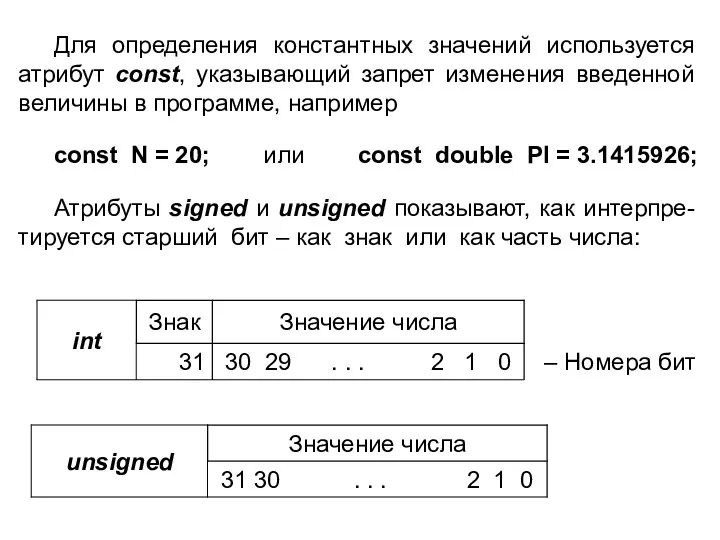 Для определения константных значений используется атрибут const, указывающий запрет изменения