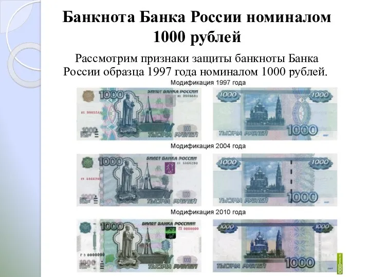 Банкнота Банка России номиналом 1000 рублей Рассмотрим признаки защиты банкноты Банка России образца
