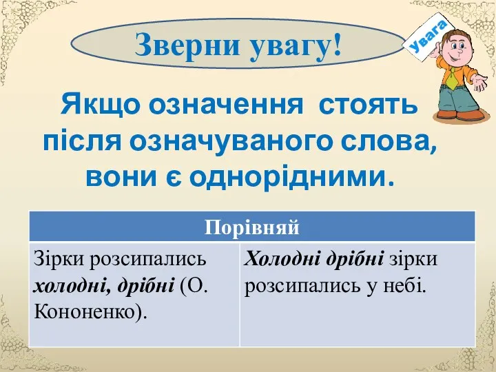 Якщо означення стоять після означуваного слова, вони є однорідними. Зверни увагу!