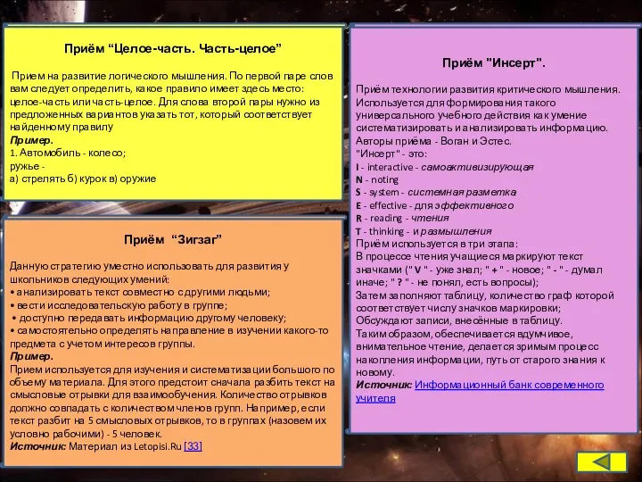 Приём “Целое-часть. Часть-целое” Прием на развитие логического мышления. По первой