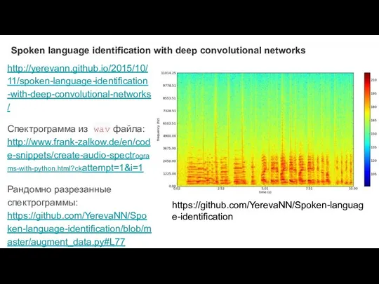 Spoken language identification with deep convolutional networks http://yerevann.github.io/2015/10/11/spoken-language-identification-with-deep-convolutional-networks/ Спектрограмма из