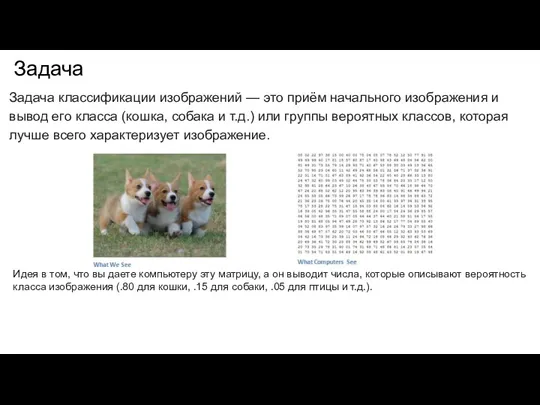 Задача Задача классификации изображений — это приём начального изображения и