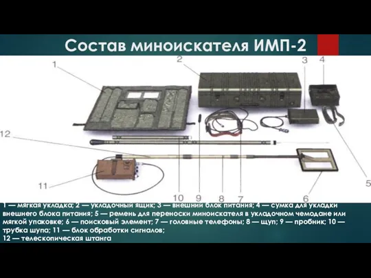 Состав миноискателя ИМП-2 1 — мягкая укладка; 2 — укладочный