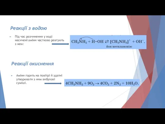 Реакції з водою Під час розчинення у воді насичені аміни