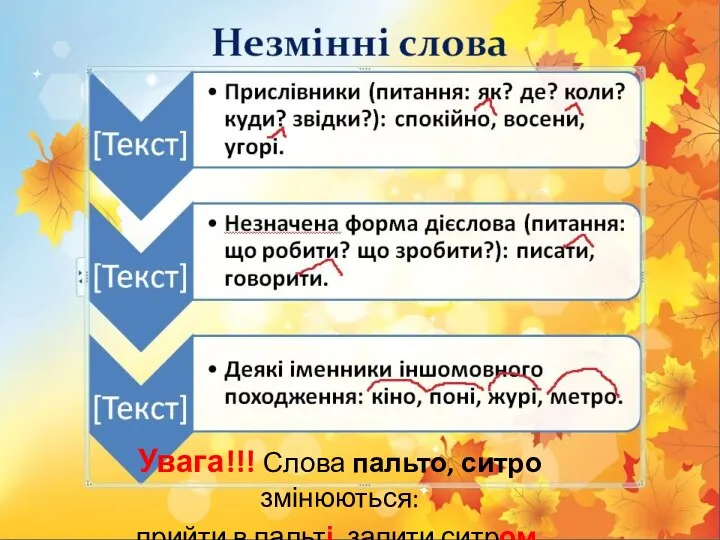 Увага!!! Слова пальто, ситро змінюються: прийти в пальті, запити ситром.