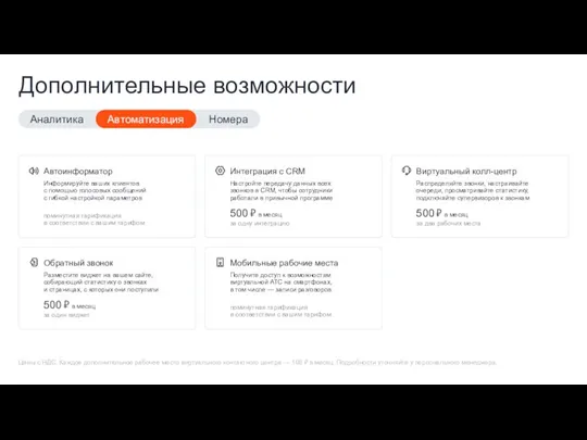 Дополнительные возможности Аналитика Автоматизация Номера Автоинформатор Информируйте ваших клиентов с