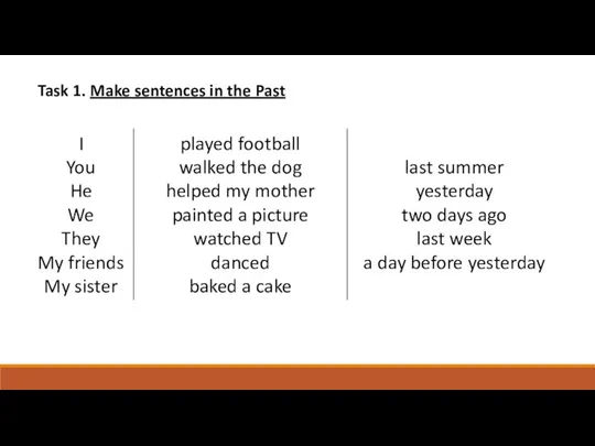 Task 1. Make sentences in the Past