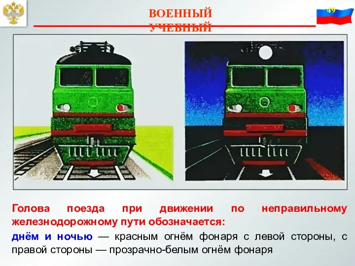 ВОЕННЫЙ УЧЕБНЫЙ ЦЕНТР Голова поезда при движении по неправильному железнодорожному пути обозначается: днём