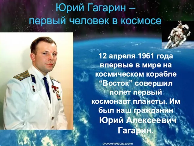 Юрий Гагарин – первый человек в космосе 12 апреля 1961