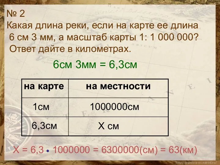 № 2 Какая длина реки, если на карте ее длина 6 см 3