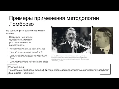 Примеры применения методологии Ломброзо Адольф Гитлер — немецкий политик и оратор, основоположник и