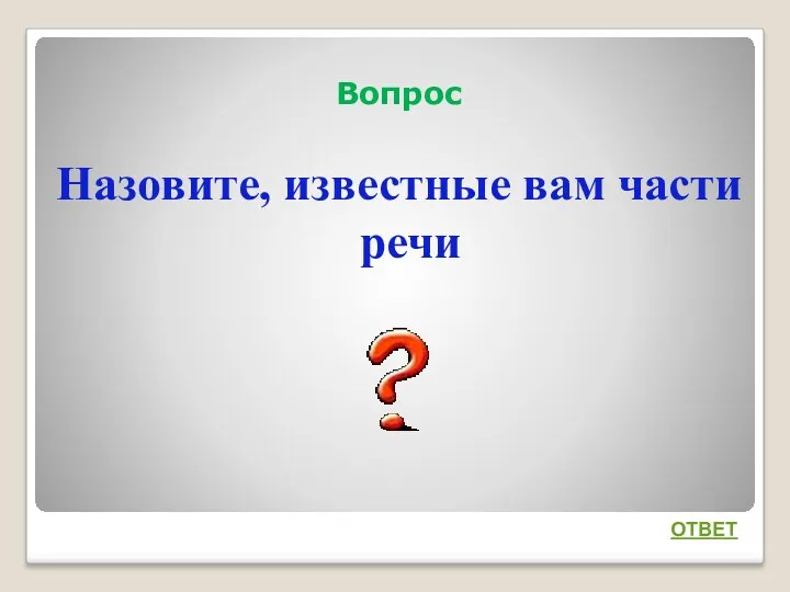 Вопрос Назовите, известные вам части речи ОТВЕТ