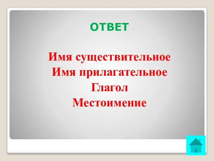 ОТВЕТ Имя существительное Имя прилагательное Глагол Местоимение