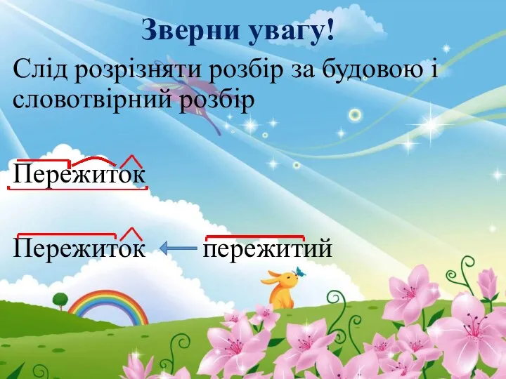 Зверни увагу! Слід розрізняти розбір за будовою і словотвірний розбір Пережиток Пережиток пережитий