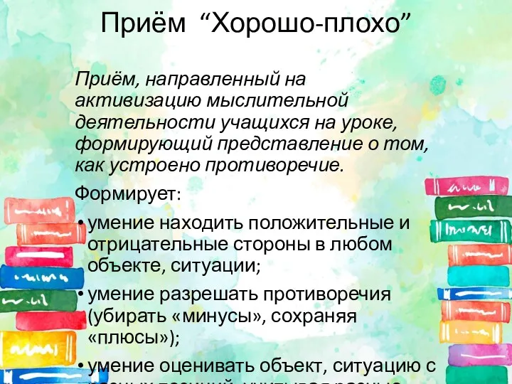 Приём “Хорошо-плохо” Приём, направленный на активизацию мыслительной деятельности учащихся на