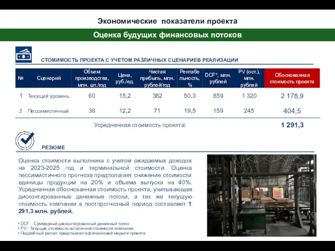 Оценка будущих финансовых потоков Экономические показатели проекта СТОМИМОСТЬ ПРОЕКТА С