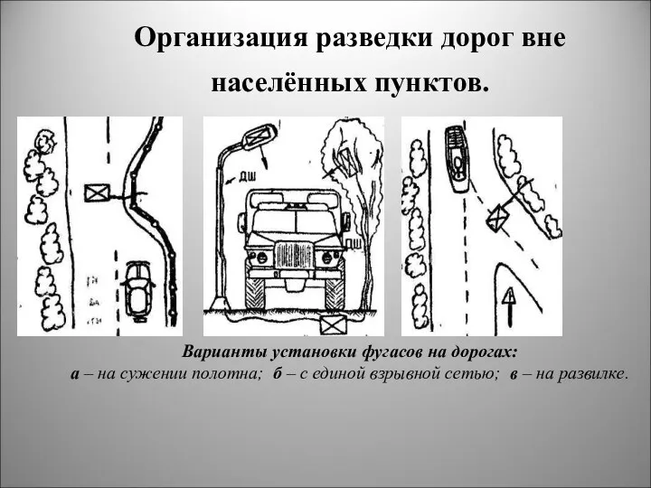 Организация разведки дорог вне населённых пунктов. Варианты установки фугасов на