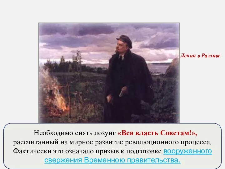 Ленин после июльских событий скрывался в шалаше за озером Разлив, а затем его
