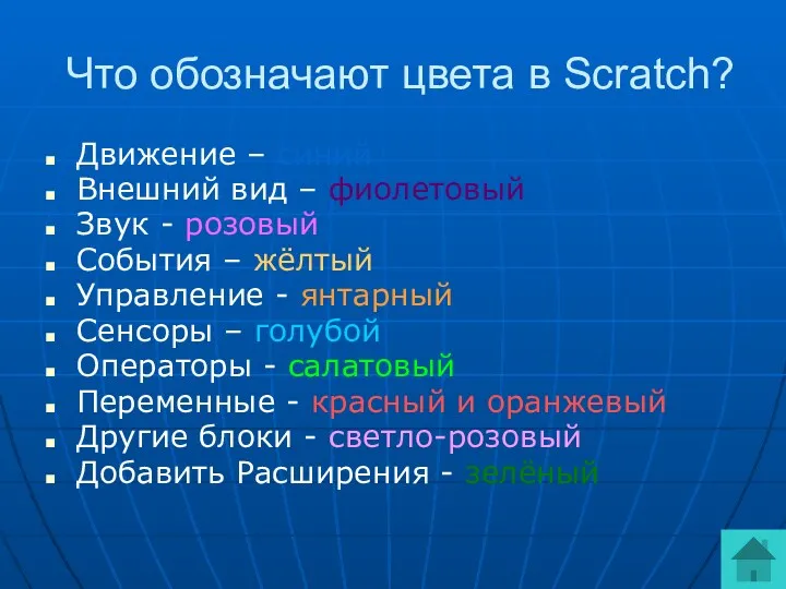 Что обозначают цвета в Scratch? Движение – синий Внешний вид