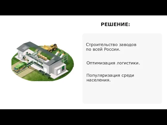 Строительство заводов по всей России. РЕШЕНИЕ: Оптимизация логистики. Популяризация среди населения.