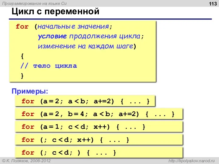 Цикл с переменной for (начальные значения; условие продолжения цикла; изменение