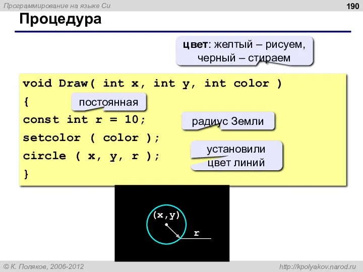 Процедура void Draw( int x, int y, int color ) { const int